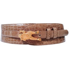 BARRY KISELSTEIN-CORD Nude Alligator Belt Goldtone Sterling Frog Buckle Large