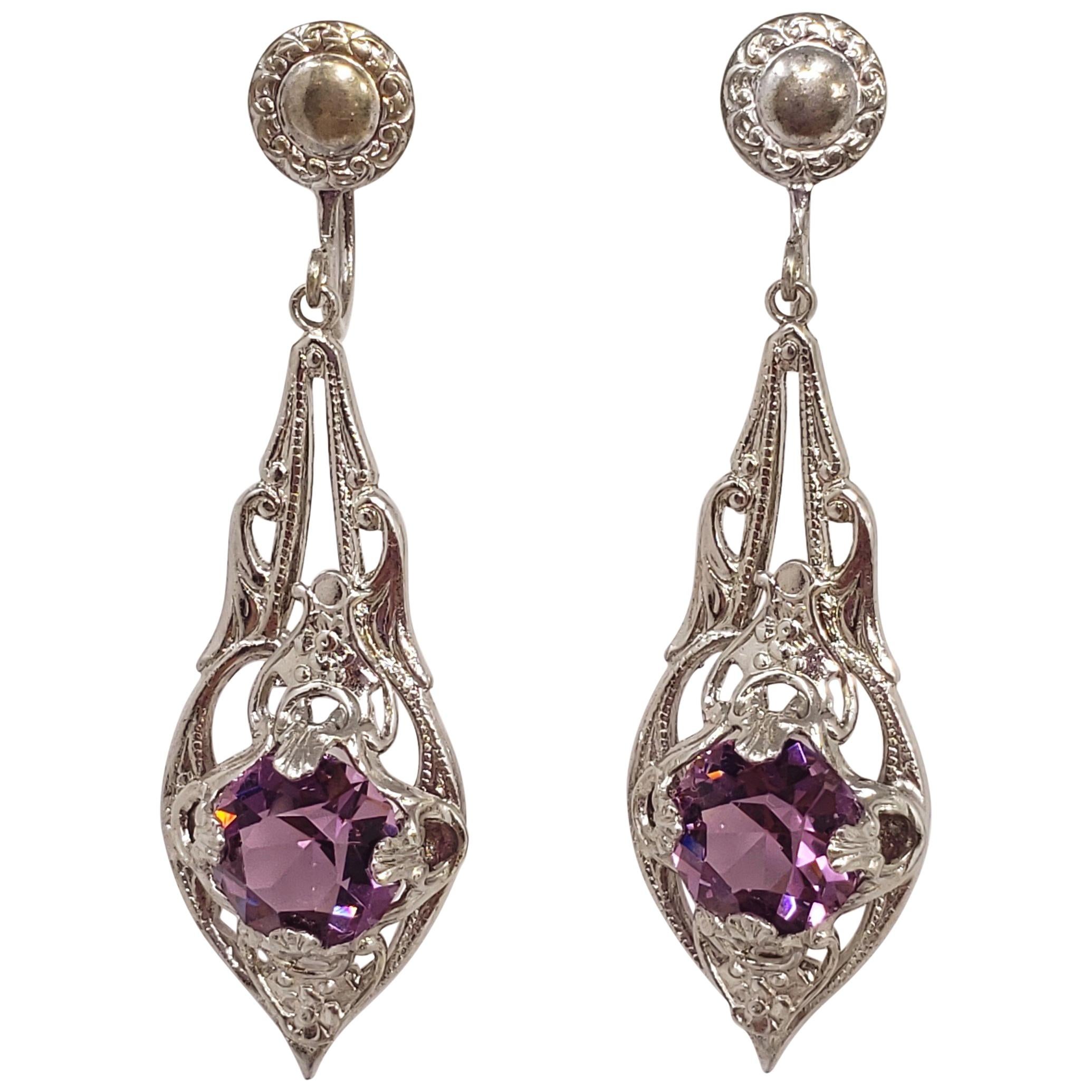 Antique Victorian Art Nouveau Silver Plated Crystal Dangling Screwback Earrings
