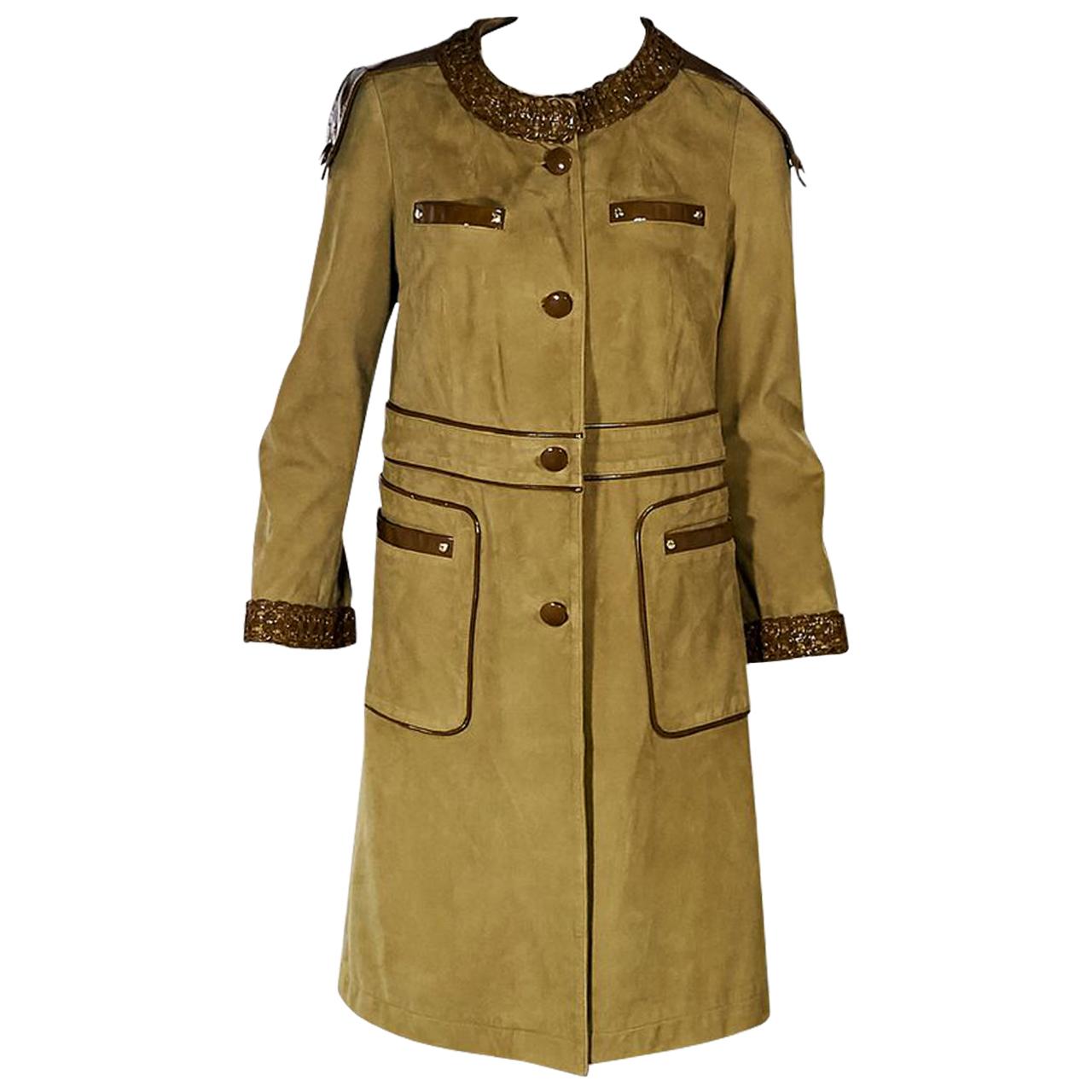 Tan Etro Patent Leather-Trimmed Suede Coat
