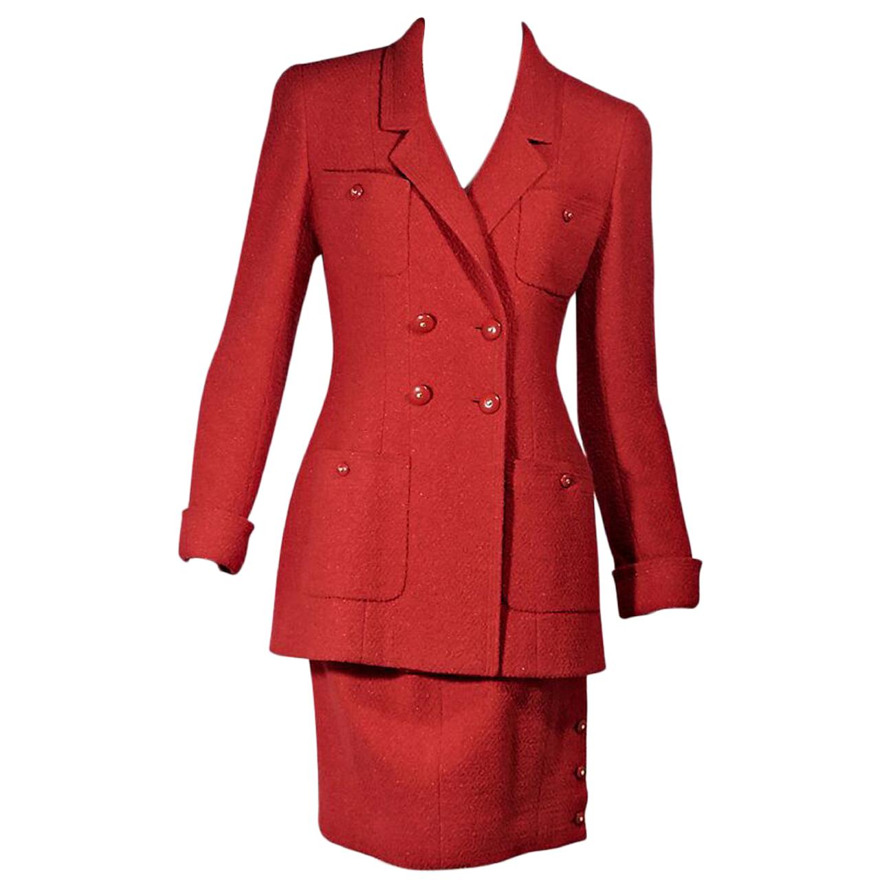 Red Vintage Chanel Skirt Suit Set
