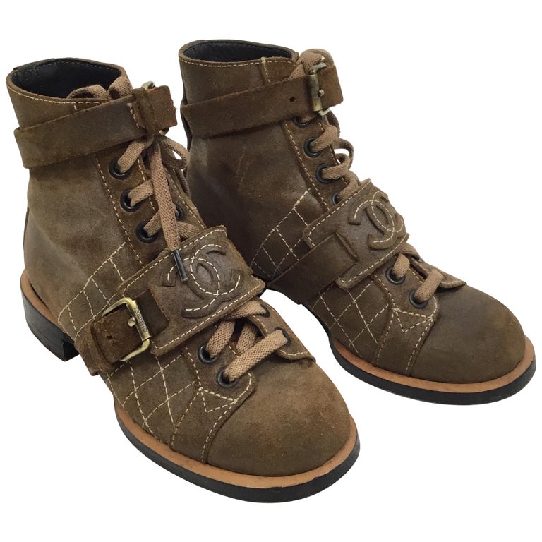 Chanel Suede Distressed Combat Boots, 36 at 1stDibs