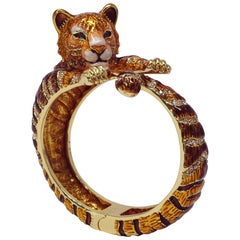 Jay Strongwater "Call of the Wild" Tiger Enamel & Crystal Hinge Bracelet in Gold