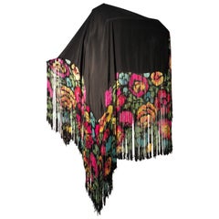 1920s Hand Painted Silk Art Deco Fringed Shawl Made In France