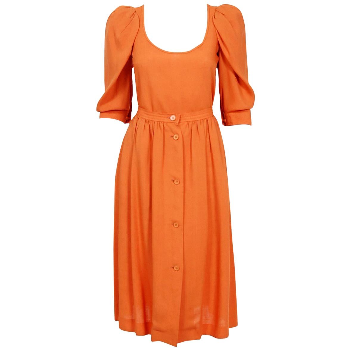 1978 Yves Saint Laurent Orange Linen Puff-Sleeve Blouse & Button Down Skirt Set