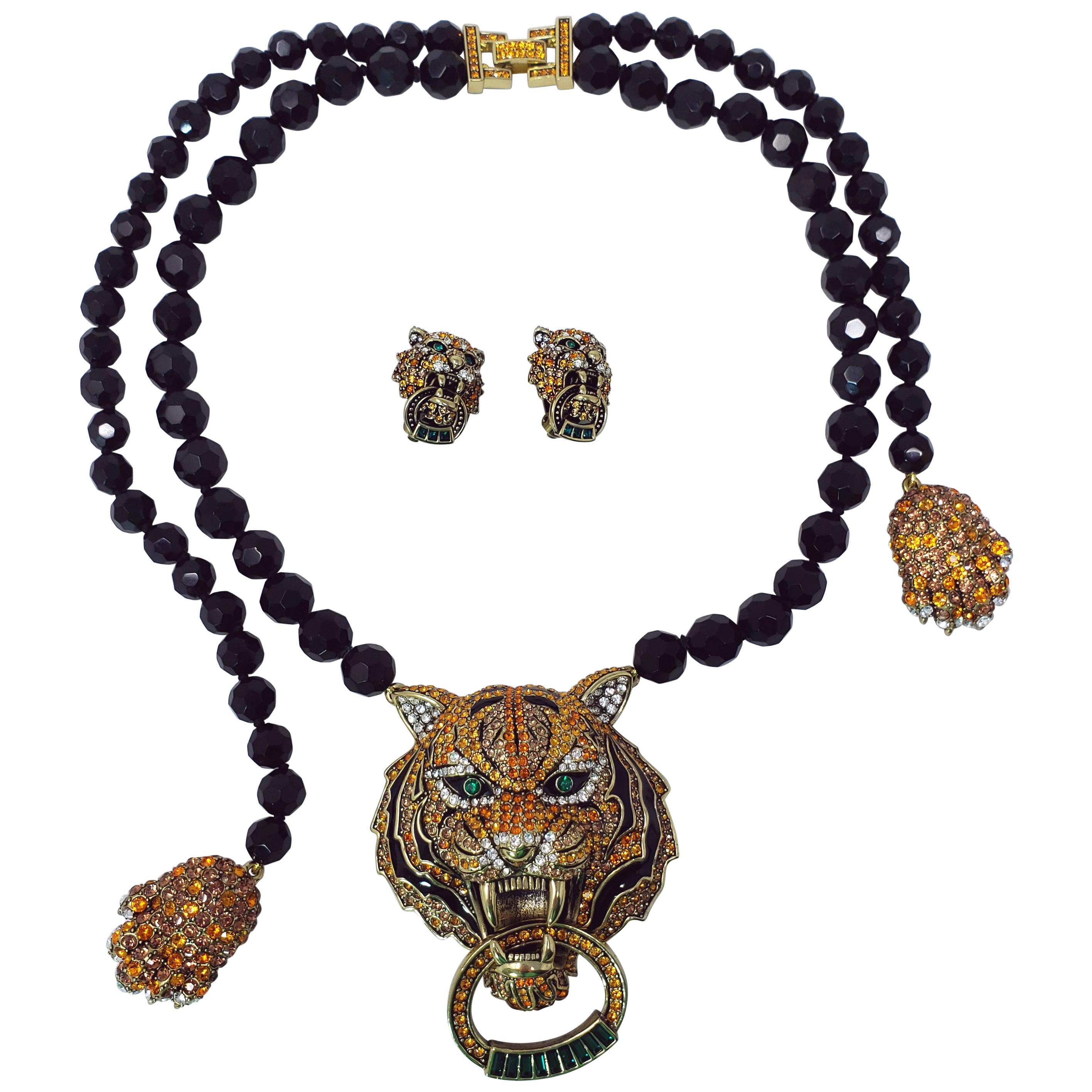 Heidi Daus Animal Magic Tiger Demi Parure Beaded Necklace and Clip on Earrings