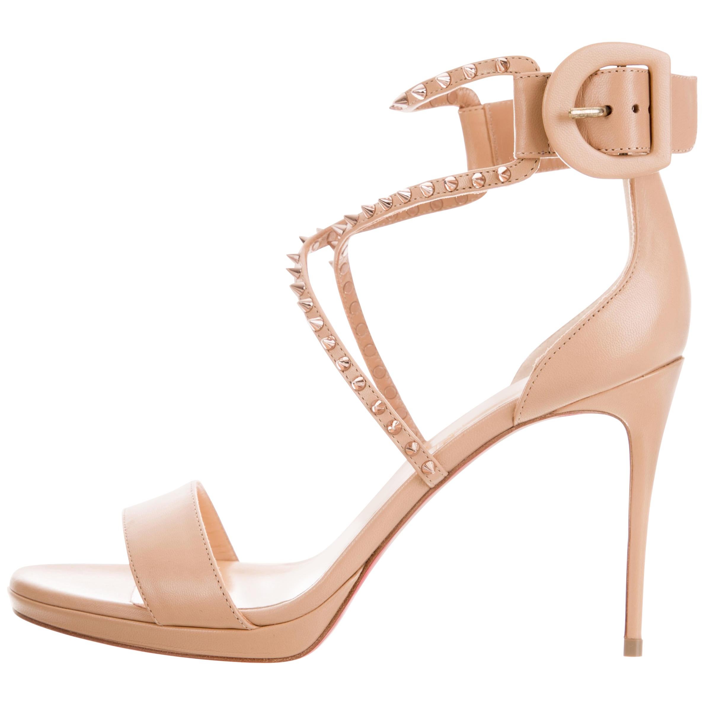 Christian Louboutin NEW Nude Leather Silver Spike Evening Sandals Heels 