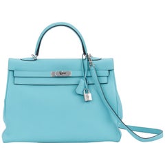 Hermes Rare Kelly 35 Retourne Blue Atoll Bag