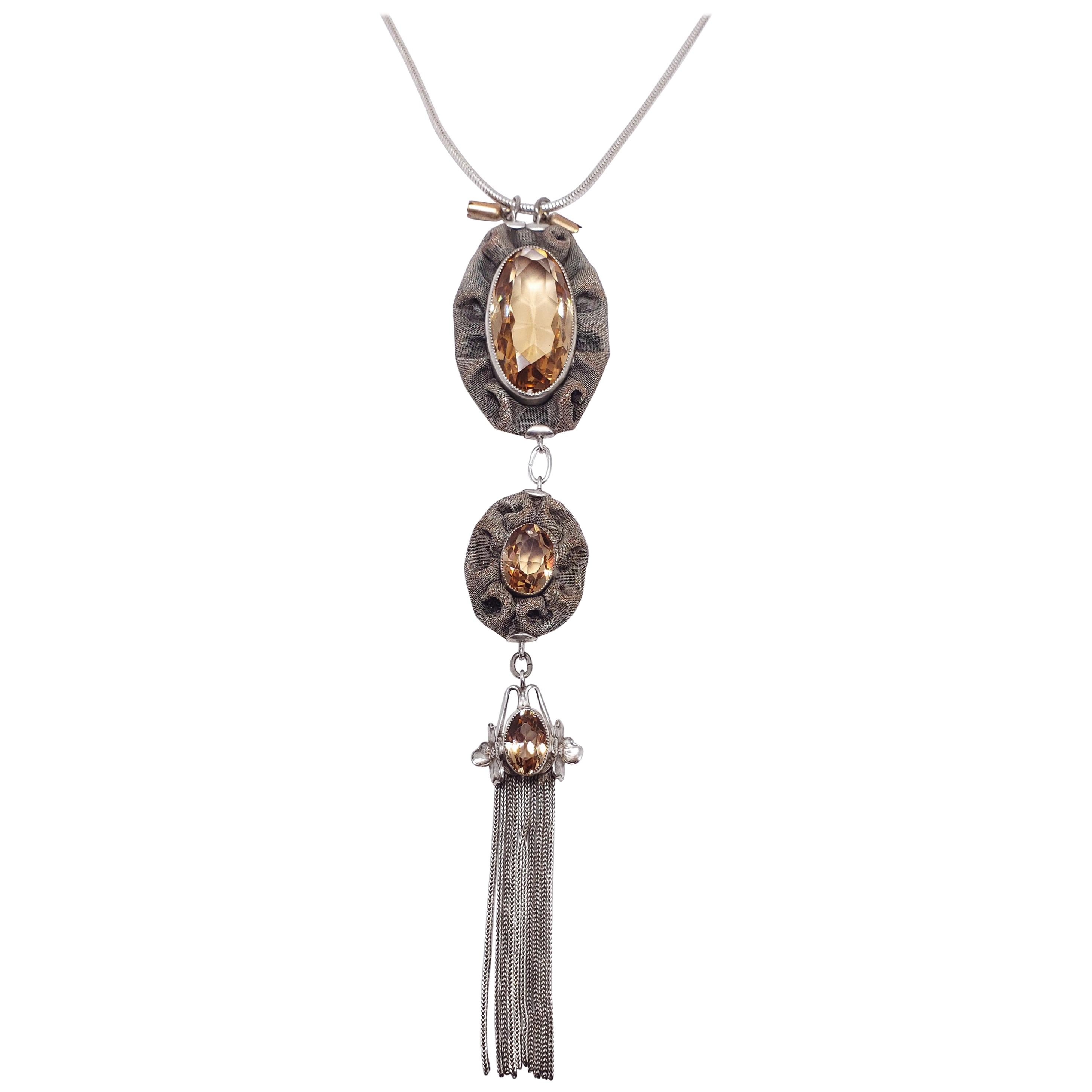 Antique Victorian Triple Drop & Tassel Pendant Necklace in Mesh Silver Setting For Sale