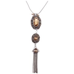 Antique Victorian Triple Drop & Tassel Pendant Necklace in Mesh Silver Setting