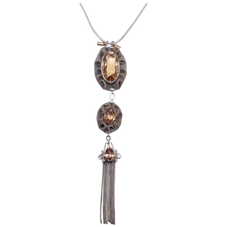 Antique Victorian Triple Drop and Tassel Pendant Necklace in Mesh