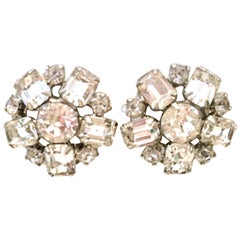 Retro 50'S Silver & Austrian Crystal Abstract Flower Earrings By, Weiss