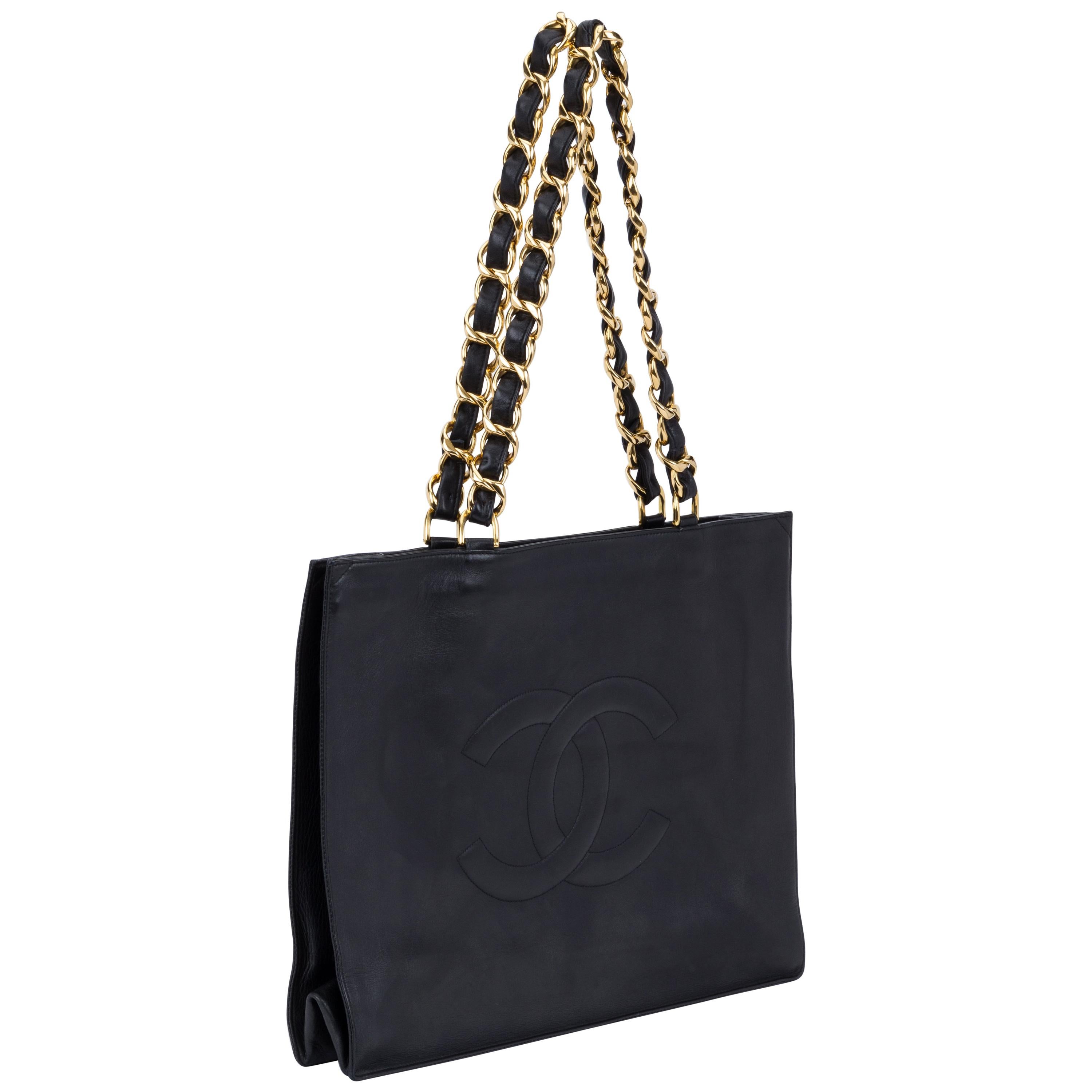 1990's Vintage Chanel Black Shopper Bag With Chains