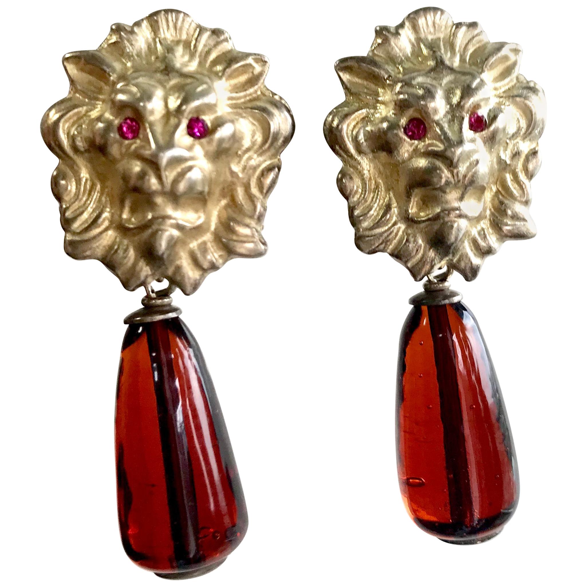 Vintage Bottega Veneta lion head and brown teardrop glass dangle earrings. Rare. For Sale