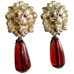 Vintage Bottega Veneta lion head and brown teardrop glass dangle earrings. Rare.