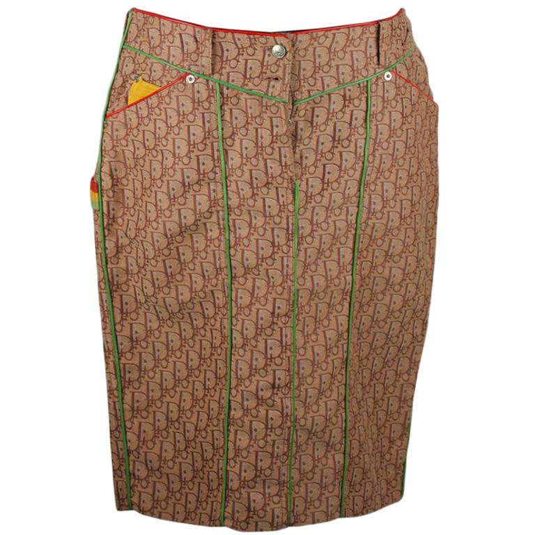 Christian Dior Beige Monogram Rasta Skirt with Leather Trim Size 42