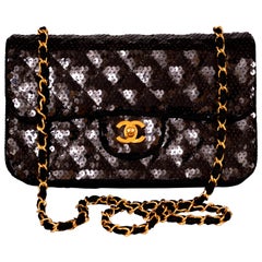 Chanel Sparkling Black Sequin Quilted Bag with Chain Strap