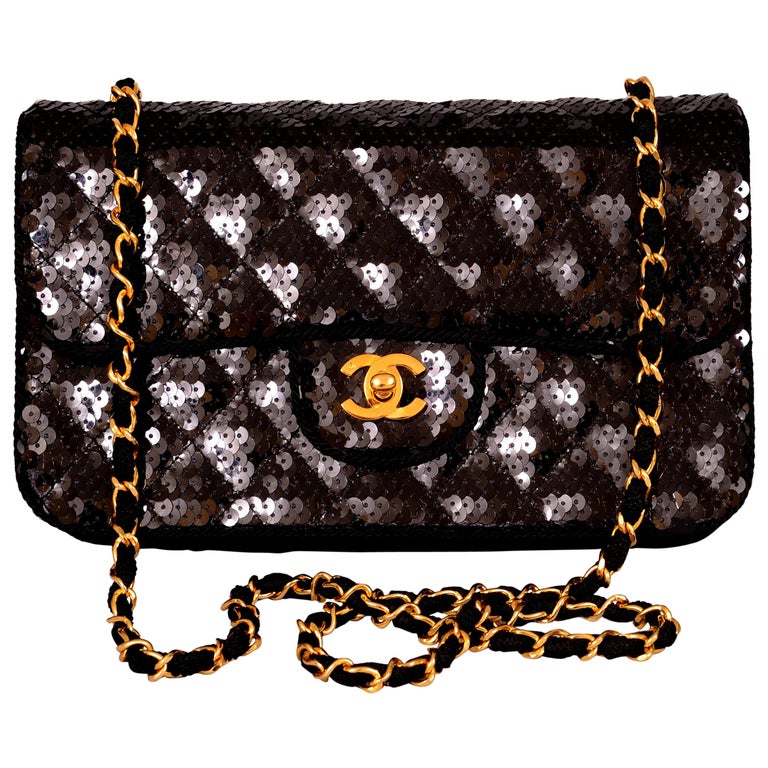 Chanel Sparkling Black Sequin Quilted Bag with Chain Strap at 1stDibs