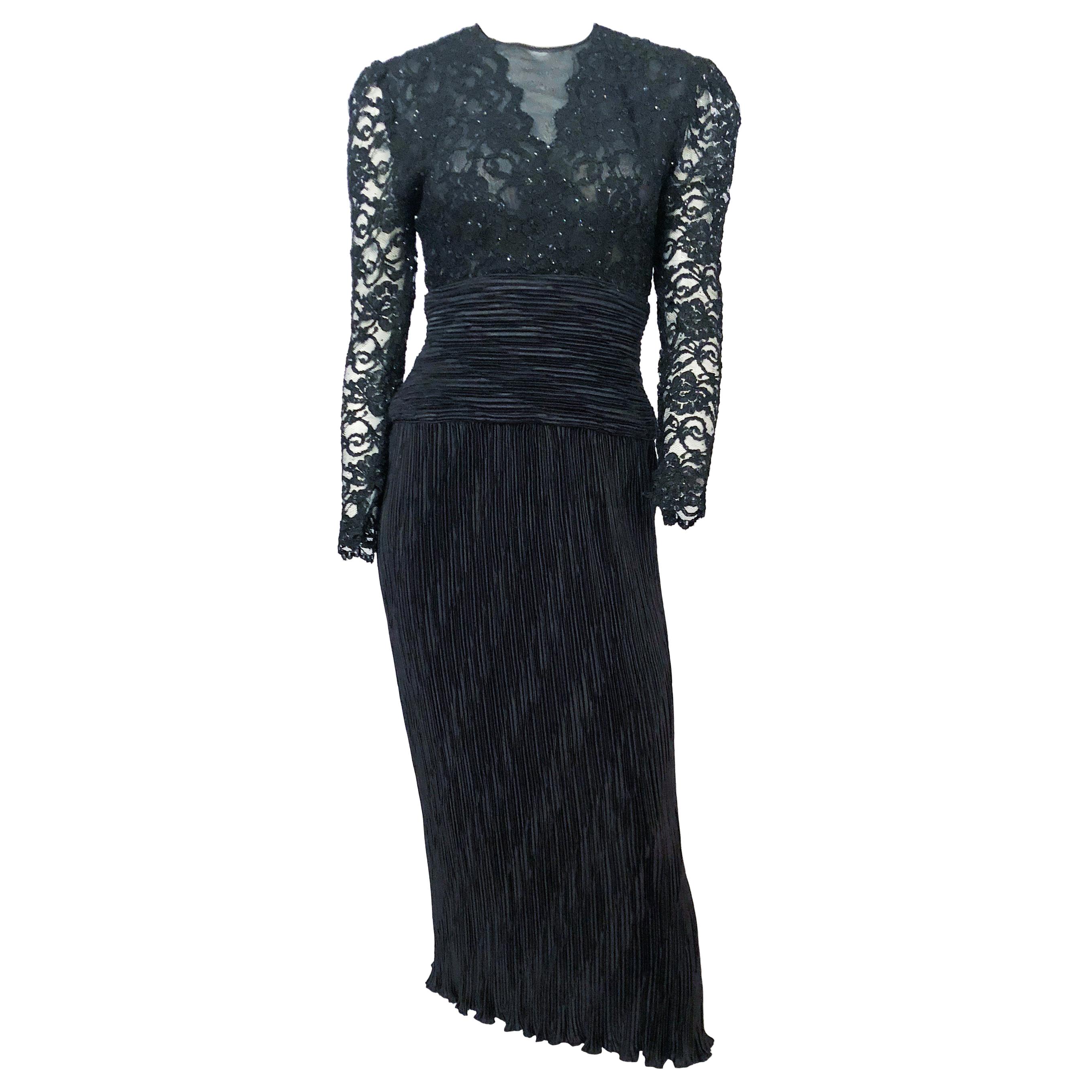 1980s Black Lace and Origami Pleated Dress For Sale