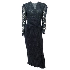 1980s Black Lace and Origami Pleated Dress