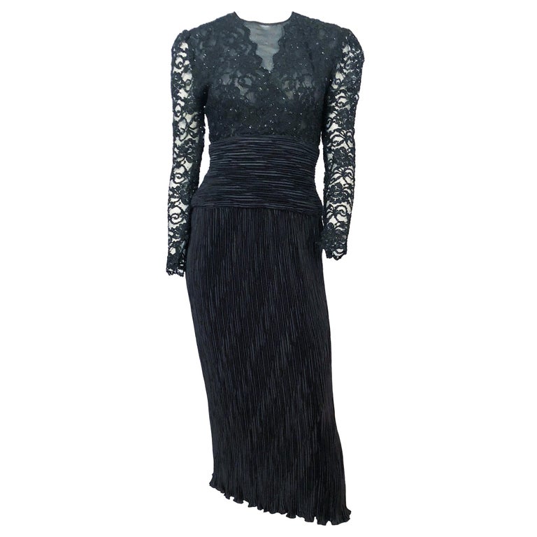 1980s Black Lace and Origami Pleated Dress For Sale at 1stDibs