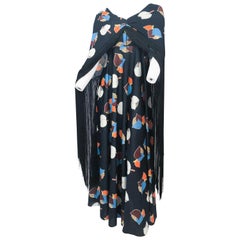 1970s Black Printed Dress with Matching Fringe Shawl