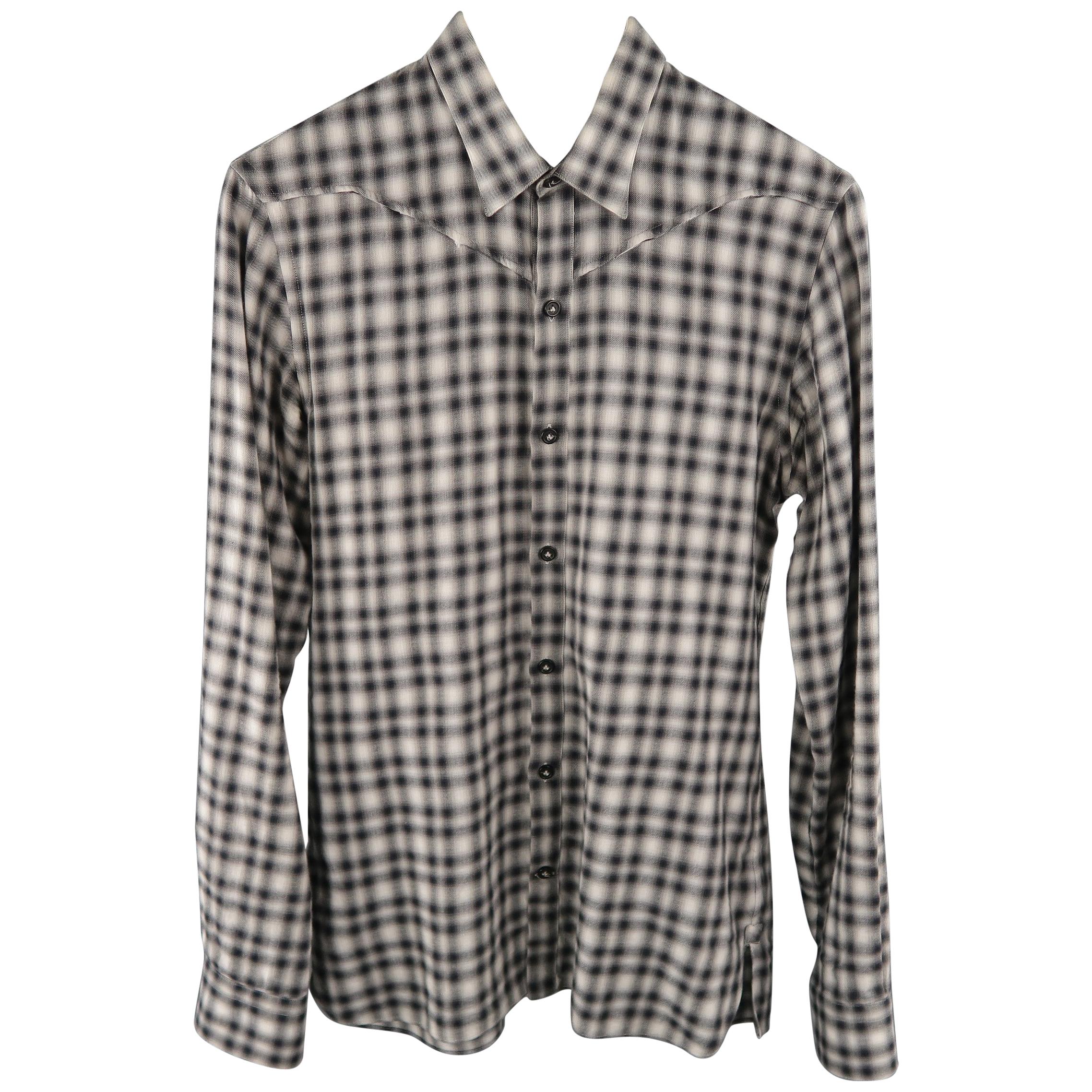 Men's LANVIN Size S Grey Plaid Cotton Long Sleeve Western Shirt