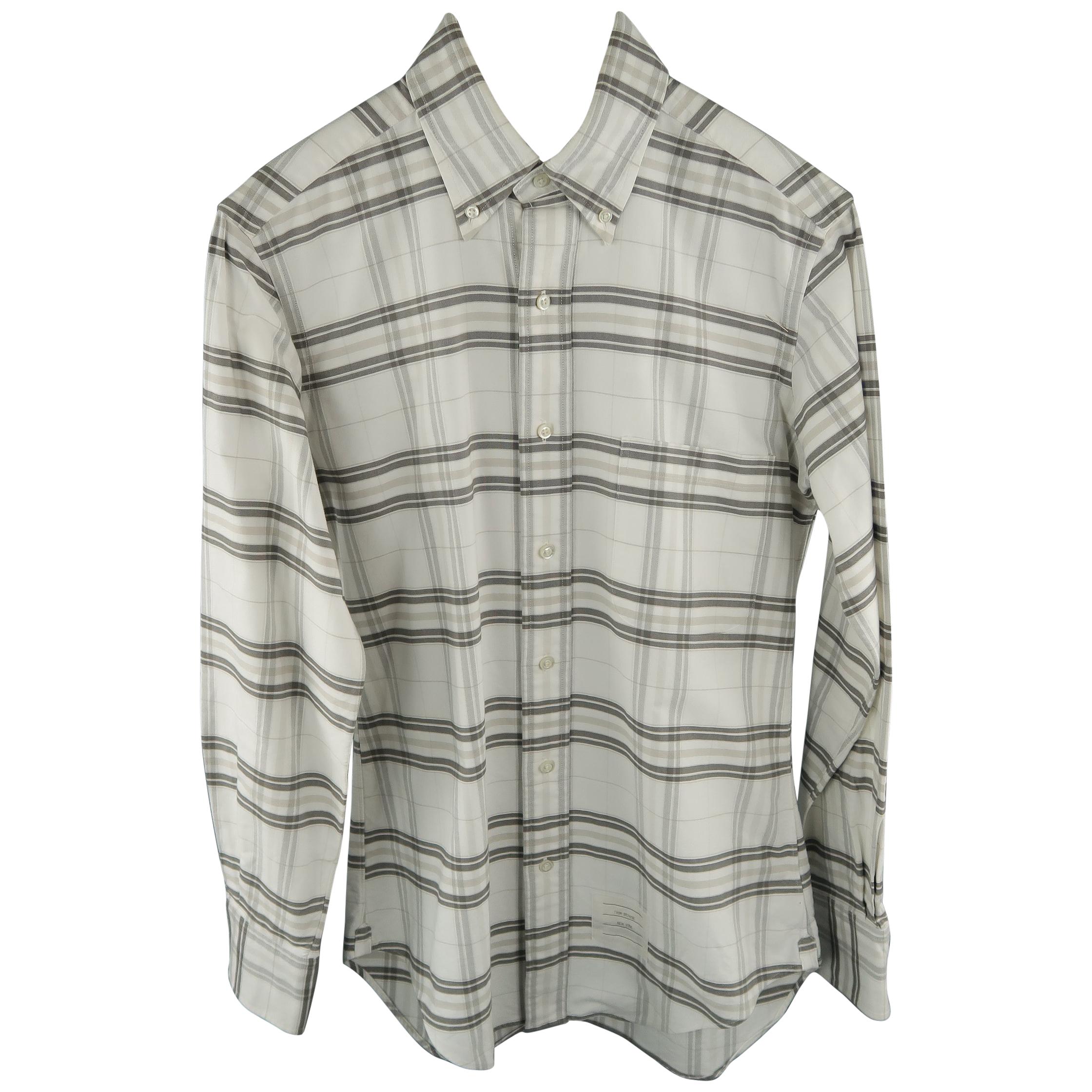 THOM BROWNE Size S White & Grey Plaid Cotton Long Sleeve Shirt