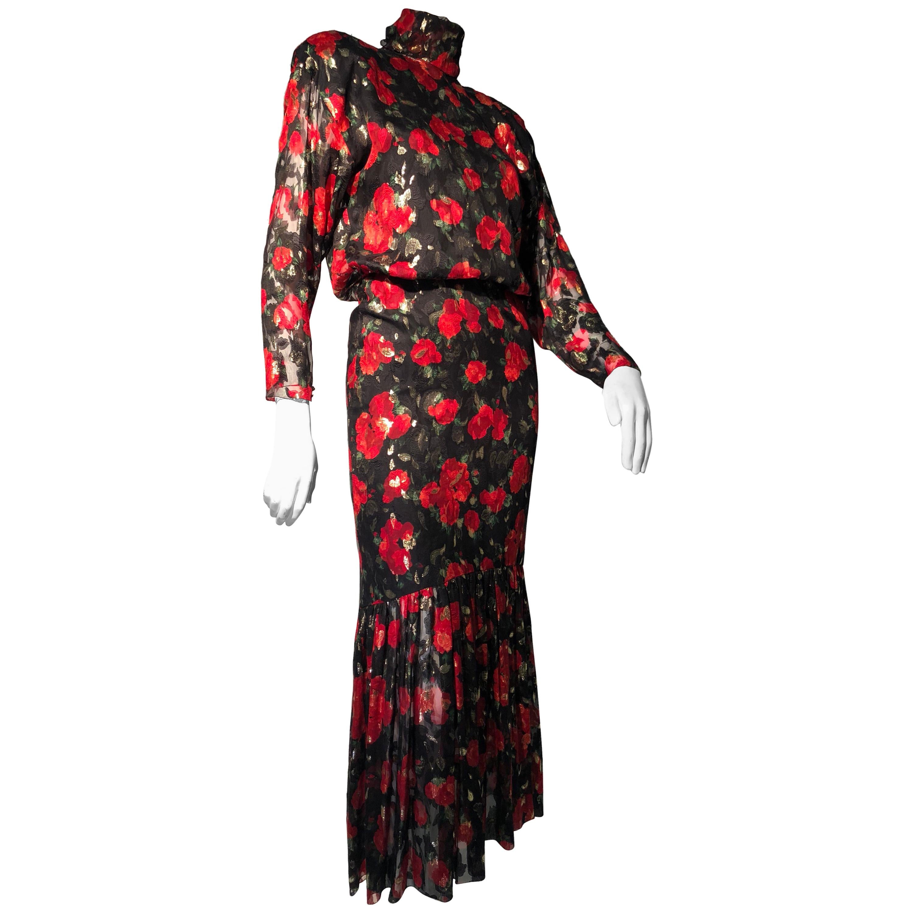 Sonia Rykiel Silk Chiffon floral Print Lame Dress W/ Low Back & Flounced Hemline