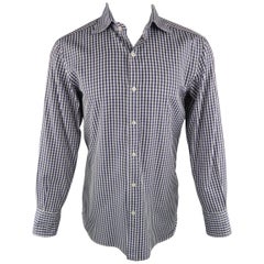 TOM FORD Size M Navy & White Checkered Cotton Long Sleeve Shirt