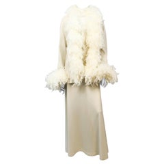 1970s Cream Dress and Jacket Set Trimed in Feathers