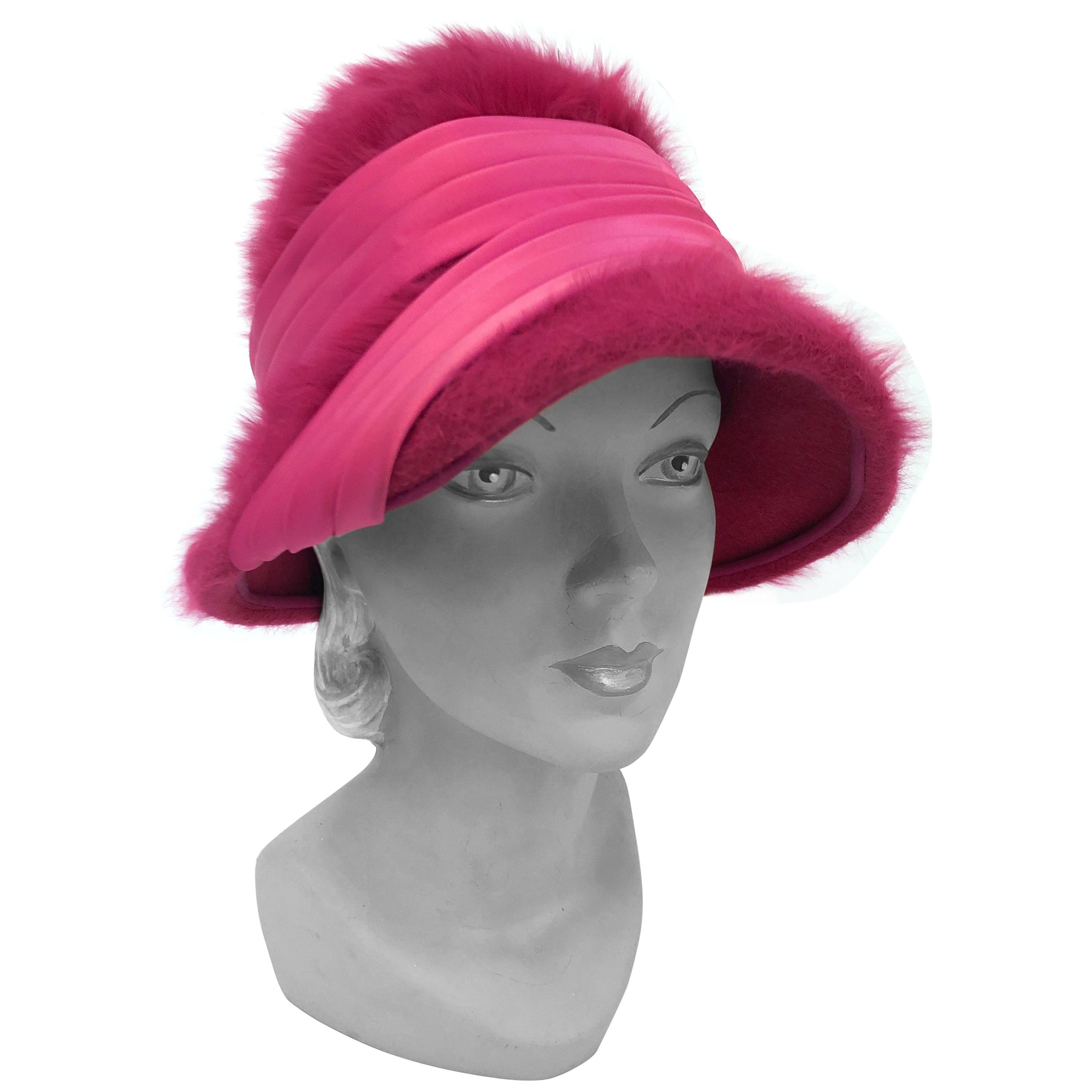 1960s Hot Pink Angora Cloche with Satin Hat Band