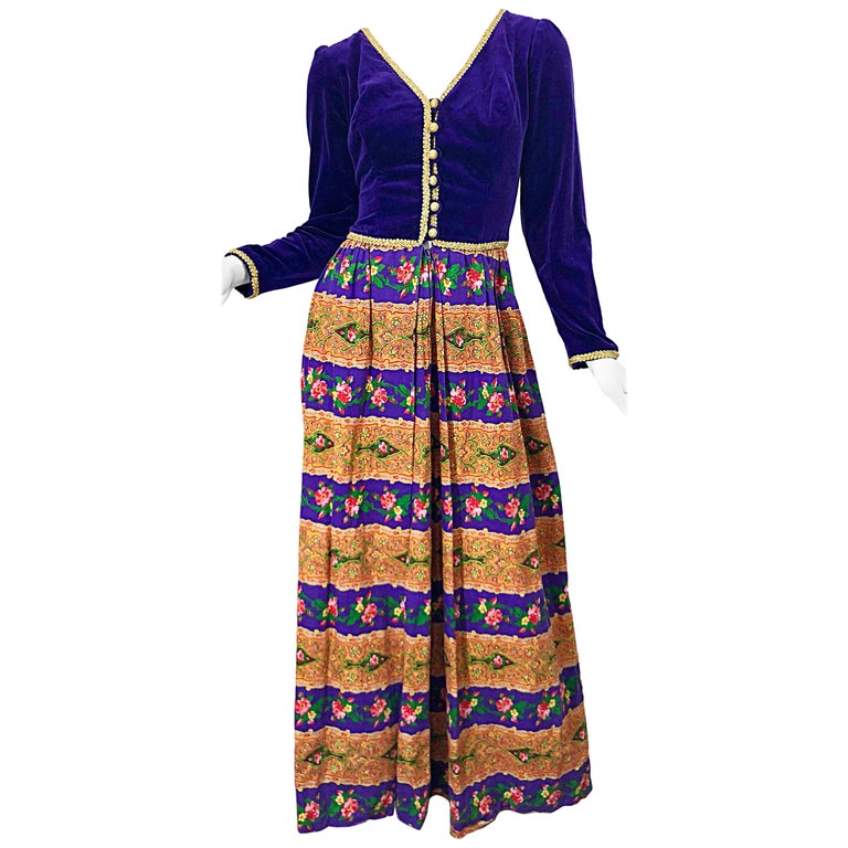 Incredible 1970s Jay Morley for Fern Violette Purple Velvet Regal 70s Maxi Dress For Sale