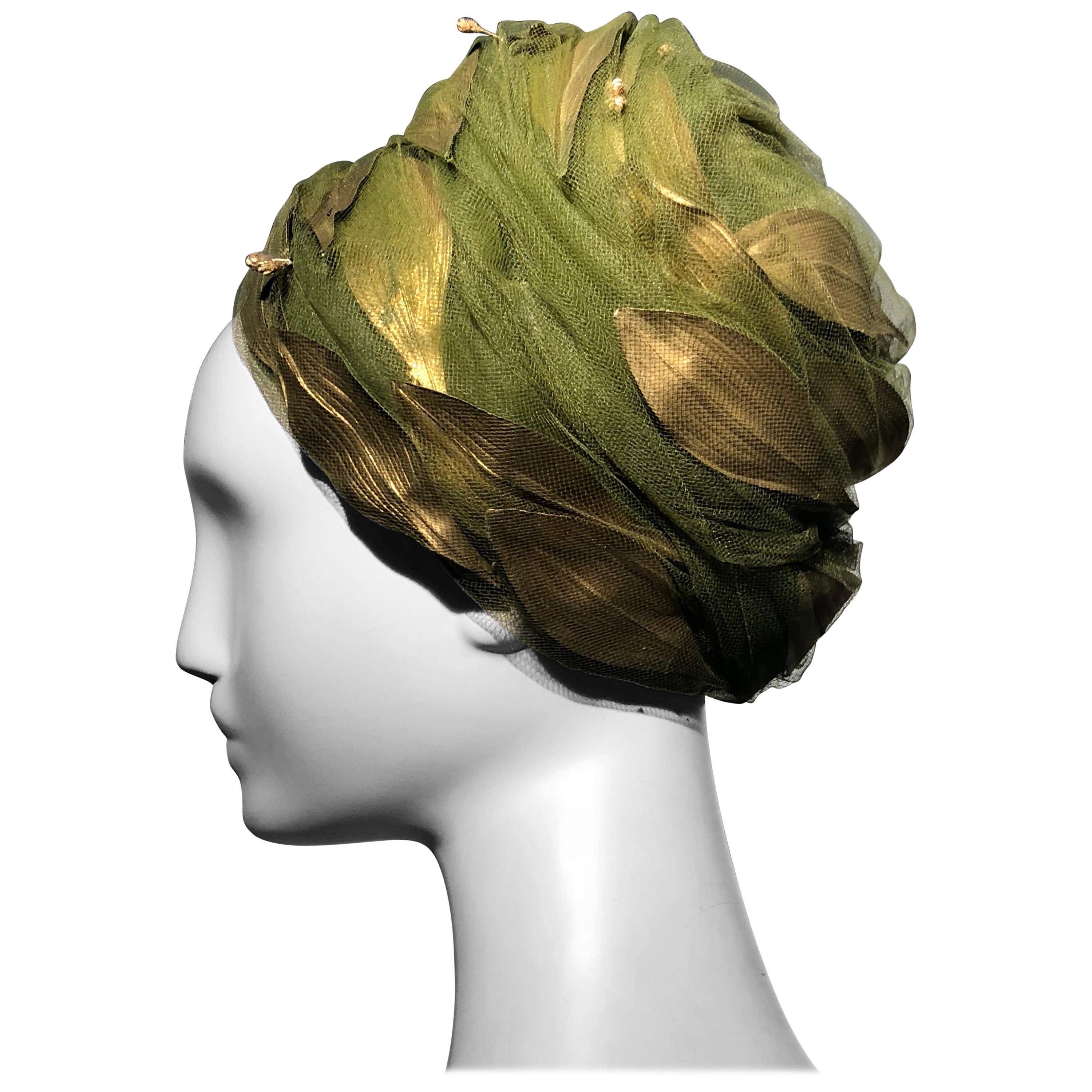 1960s Christian Dior Turban In Olive Tulle Adorned W/ Gold Leaves