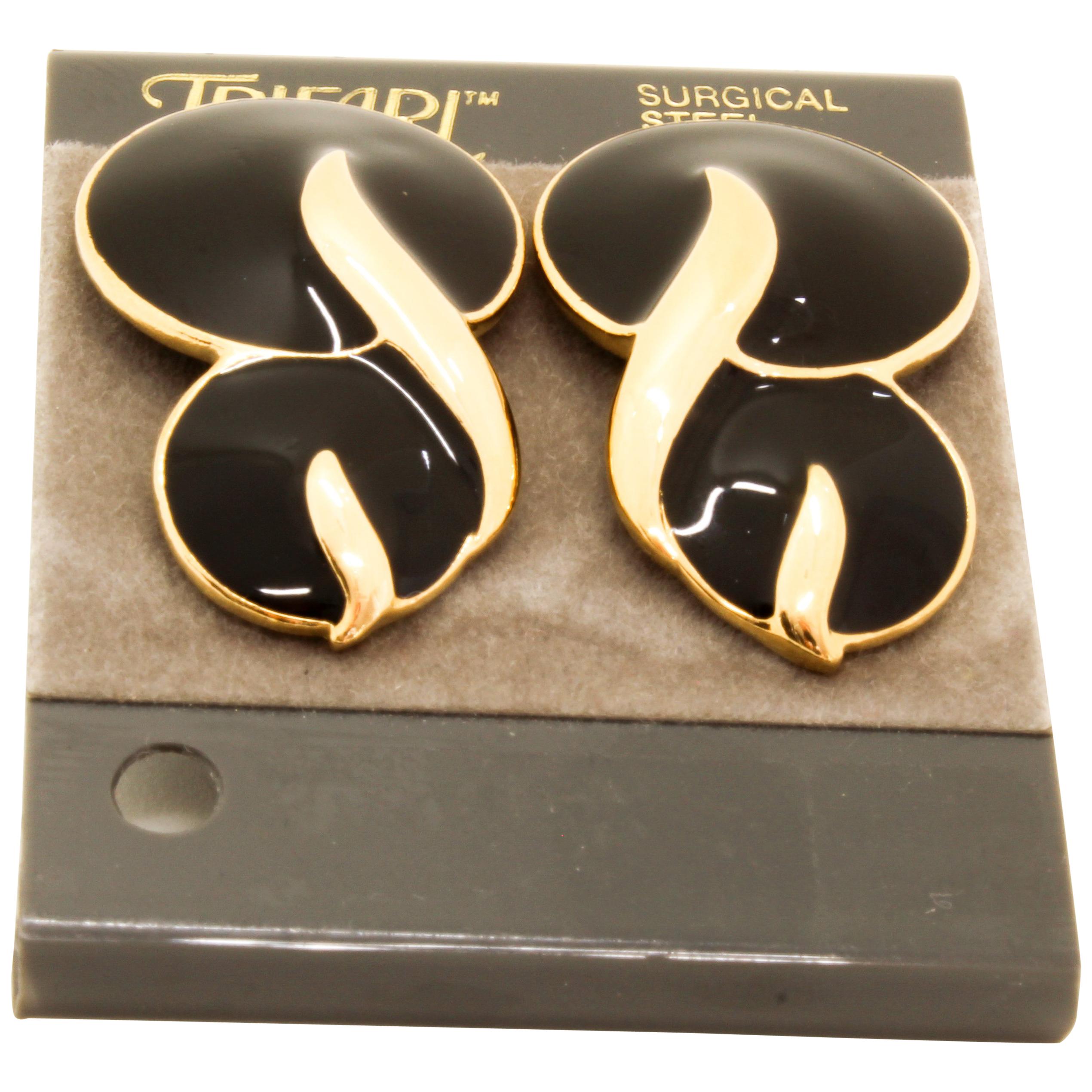 Trifari 1980s Vintage Black Enamel Statement Earrings.  Pierced ears. 