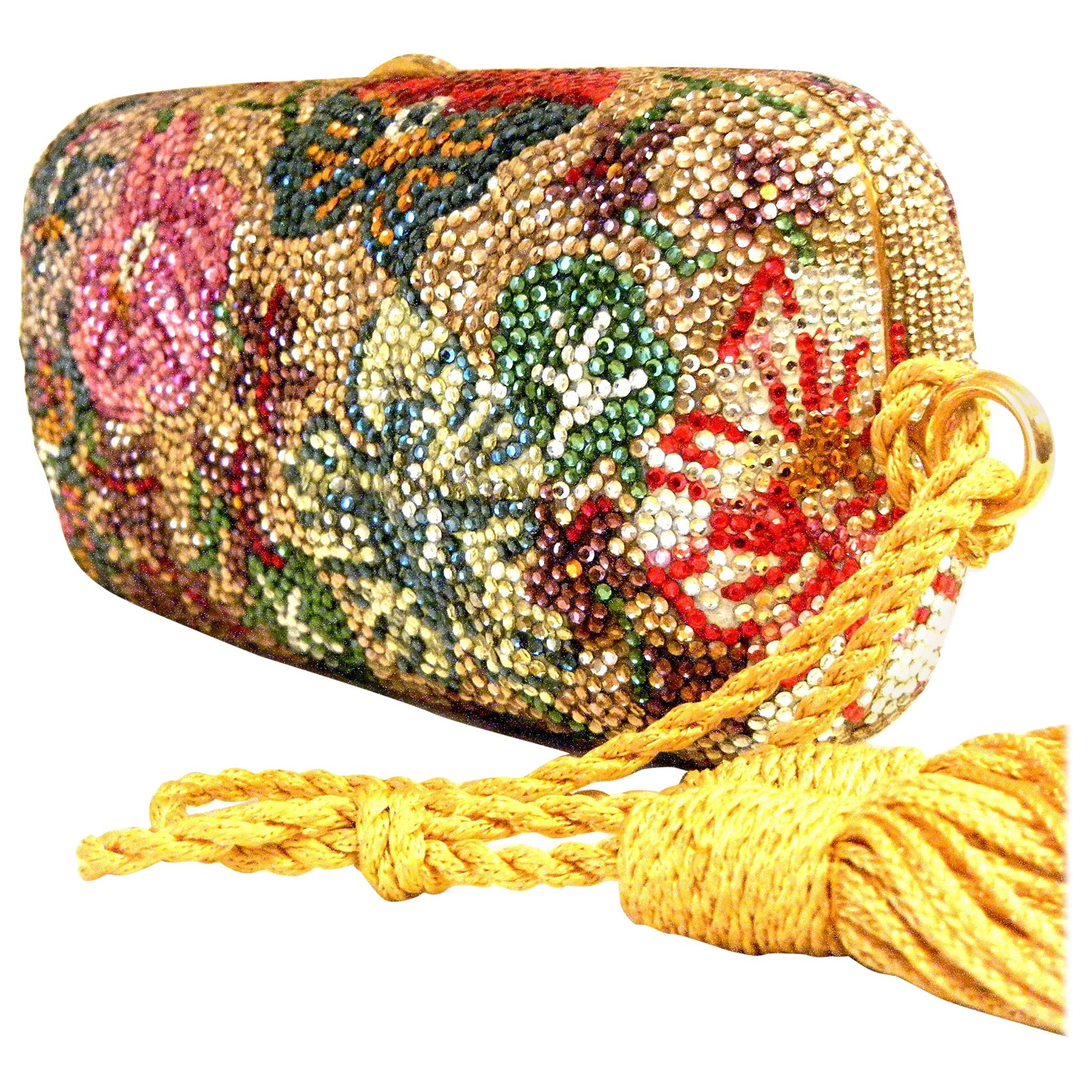 Judith Leiber Swarovski Crystal Floral Print Mini Minaudiere W/ Tassel Rope Bag