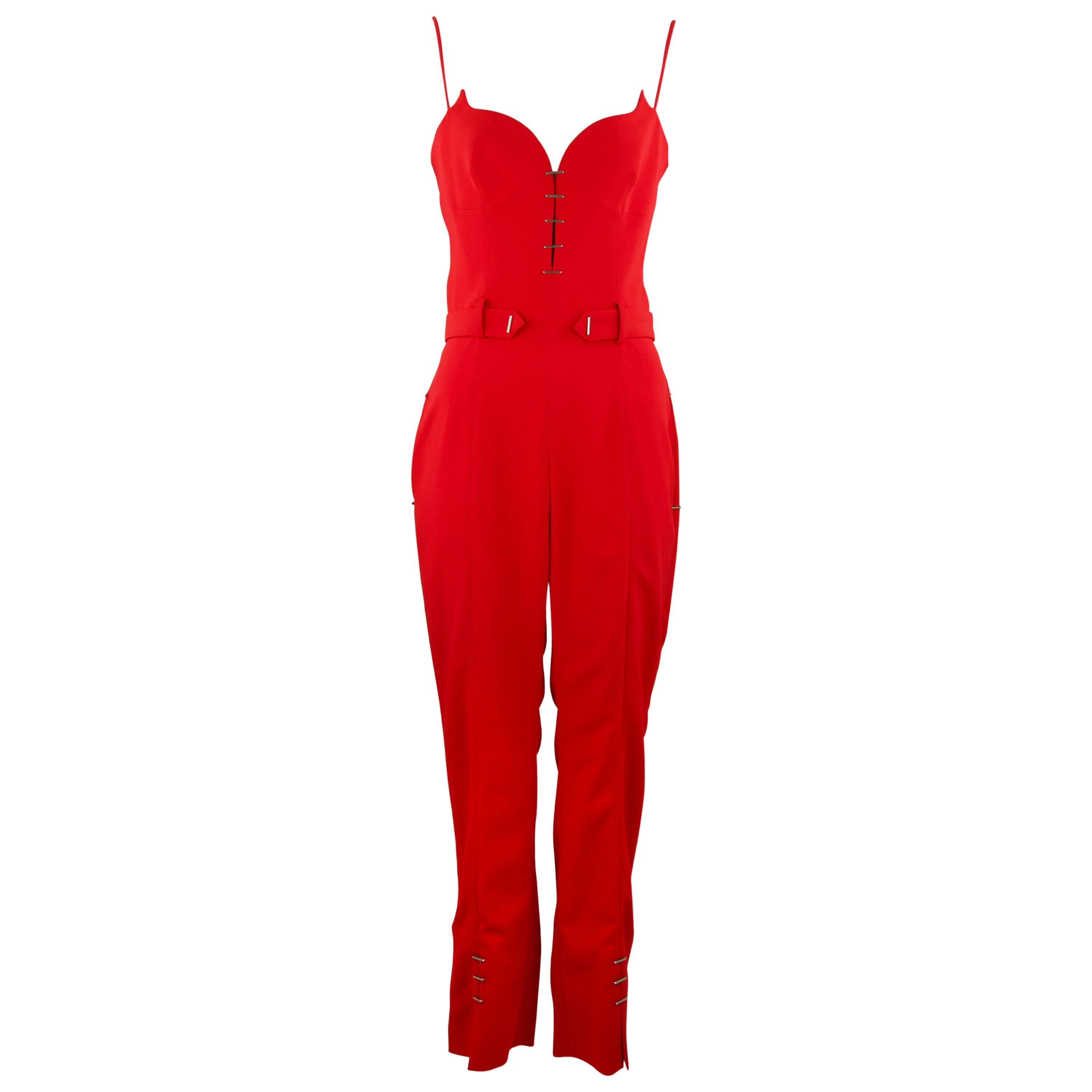 Mugler Red Jumpsuit with Silver Hardware - Size FR 38 For Sale at 1stDibs