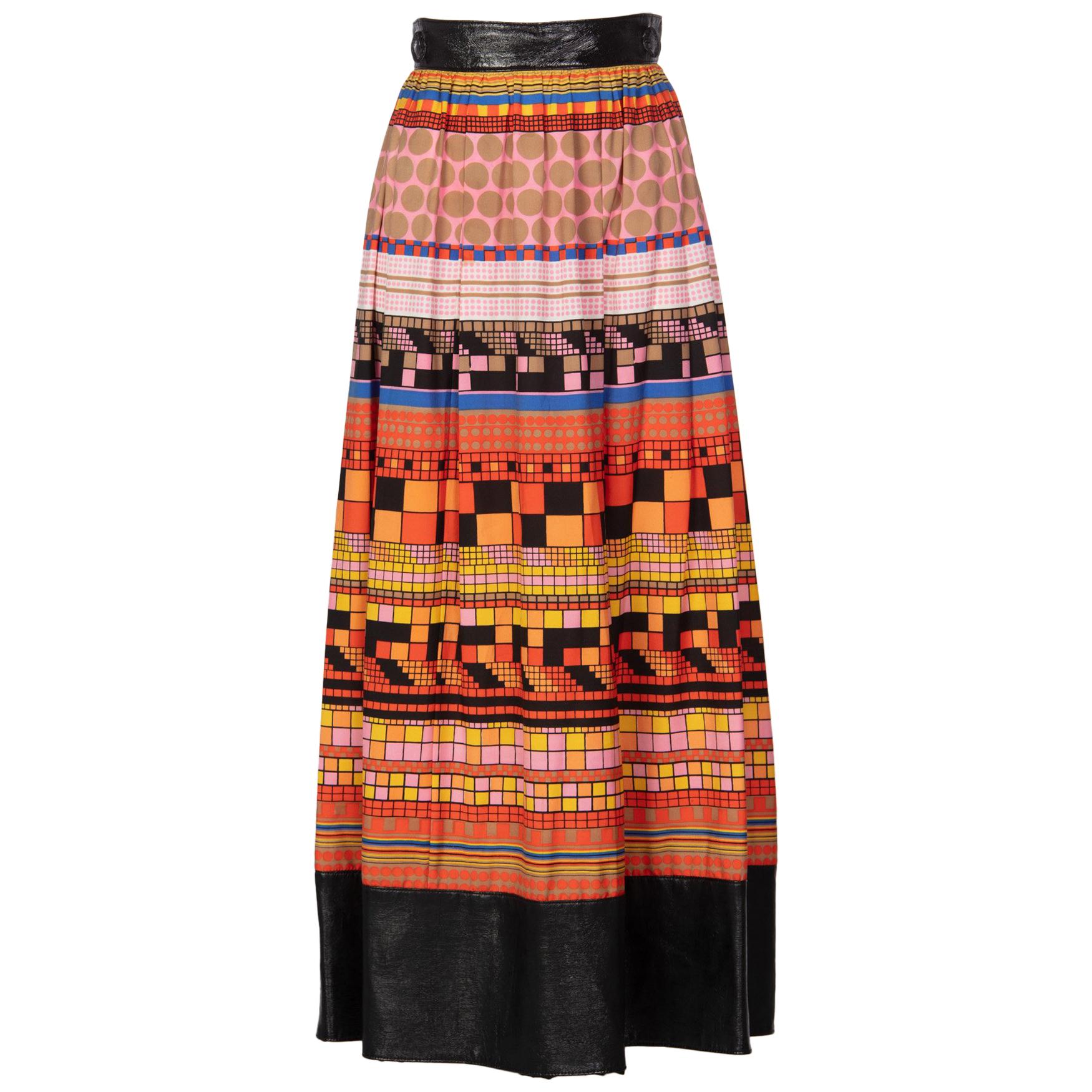 1970s Lanvin Multicolored Geometric Print Leather Trim Maxi Skirt