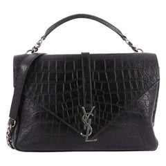 Saint Laurent Classic Monogram College Bag Crocodile Embossed Leather Large