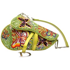 DIOR Embroidered Saddle Bag Leather & Linen Floral Butterflies