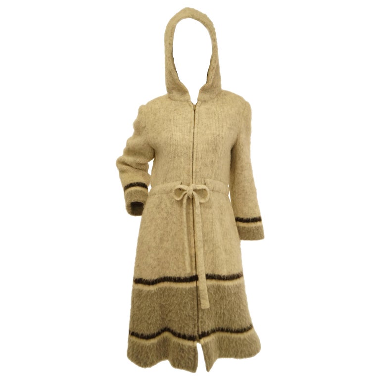 1960s Hilda Icelandic Oatmeal Wool Coat with Hood and Grey Stripe