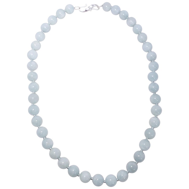 Vintage Natural Aquamarine 10mm Bead Necklace with Sterling Silver
