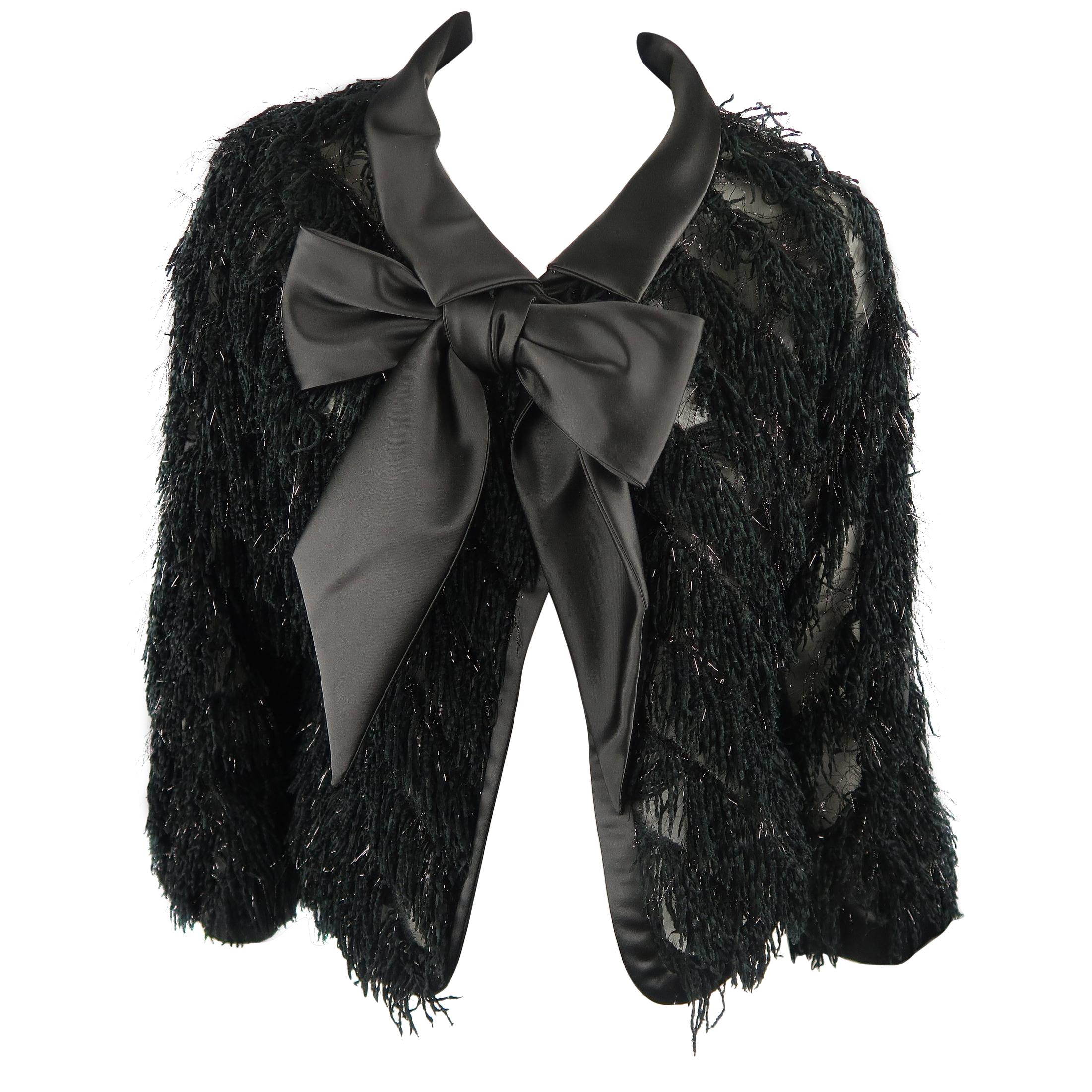 GIORGIO ARMANI Size M Black Silk Blend Fringe Bow Collar Jacket