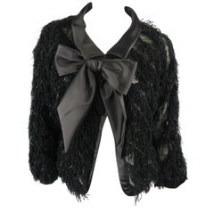 GIORGIO ARMANI Size M Black Silk Blend Fringe Bow Collar Jacket