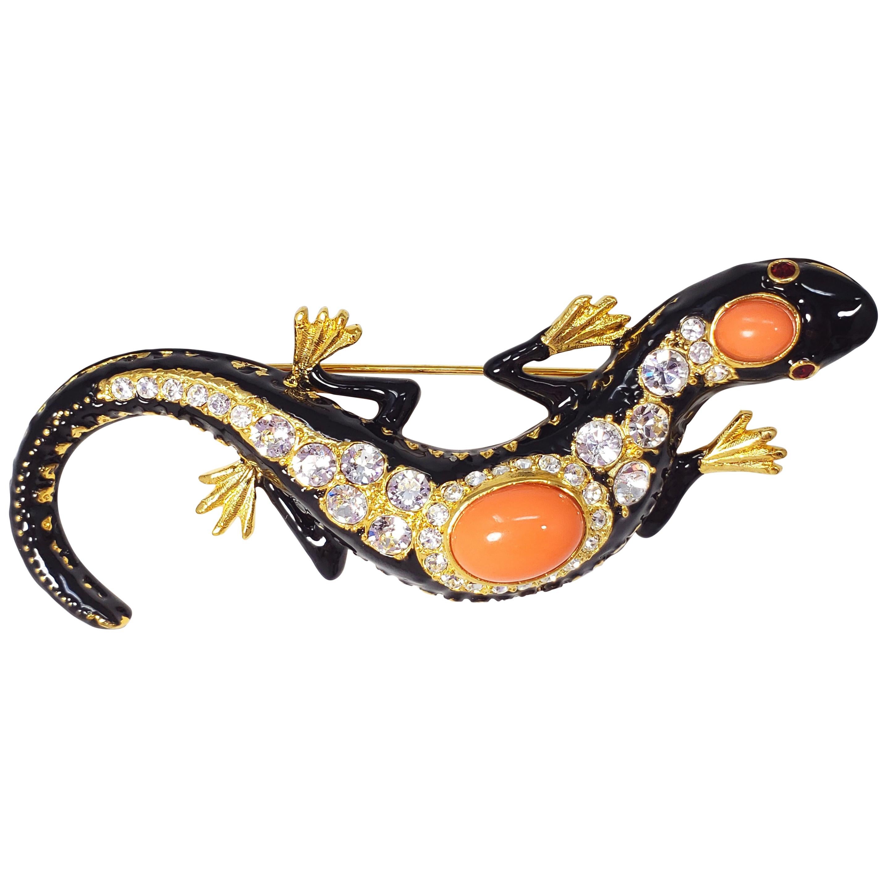 KJL Kenneth Jay Lane Cabochon Crystal and Black Enamel Salamander in Gold For Sale