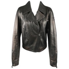 CHANEL Leather Jacket - Size 10 Black Quilted Leather CC Zip Motorcycle Jacket