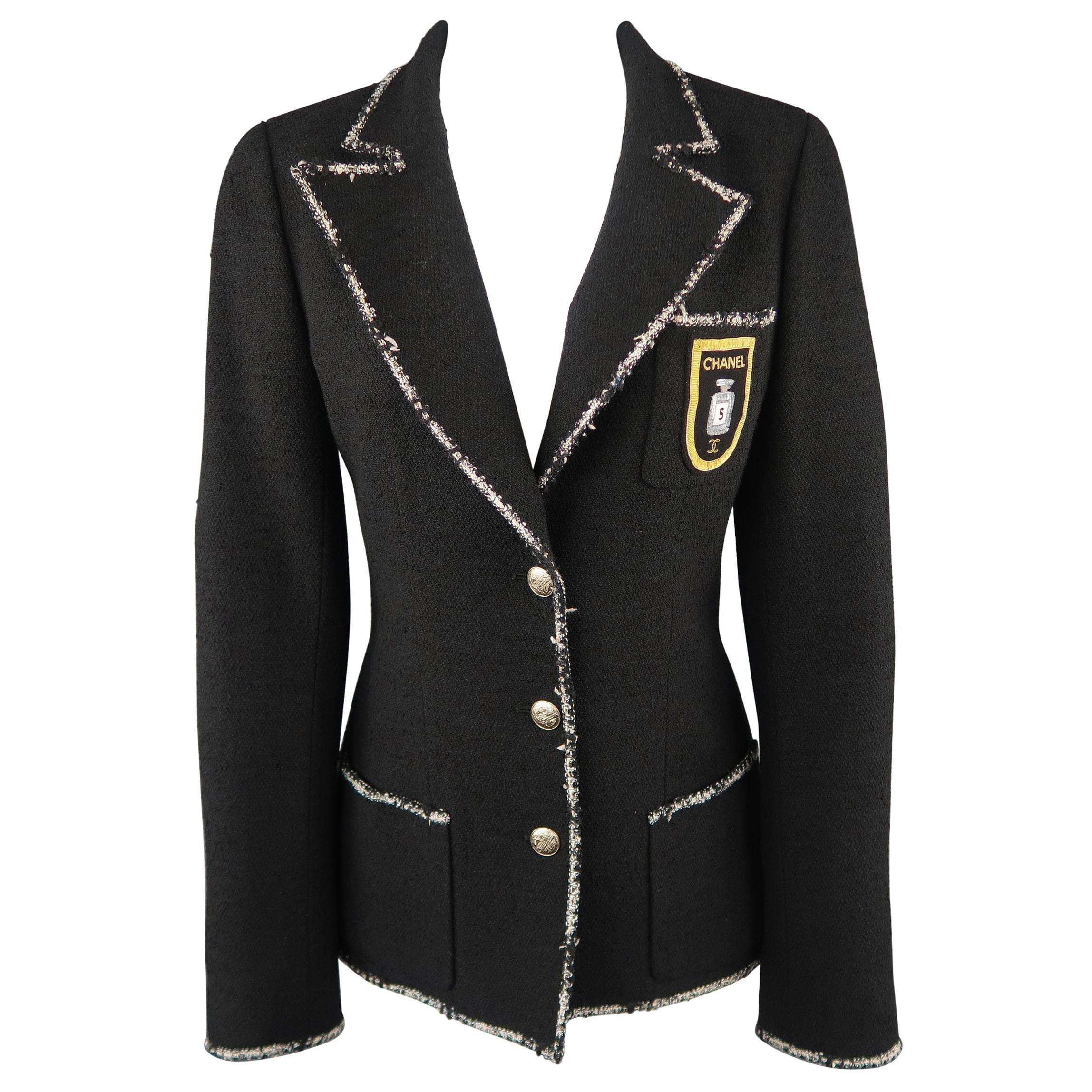 CHANEL Size 6 Black Wool Blend Boucle Trim No. 5 Blazer Jacket