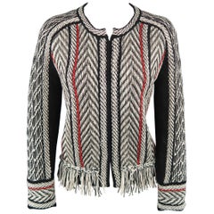 OSCAR DE LA RENTA Size M Black & White Red Piping Fringe Hem Cardigan Sweater