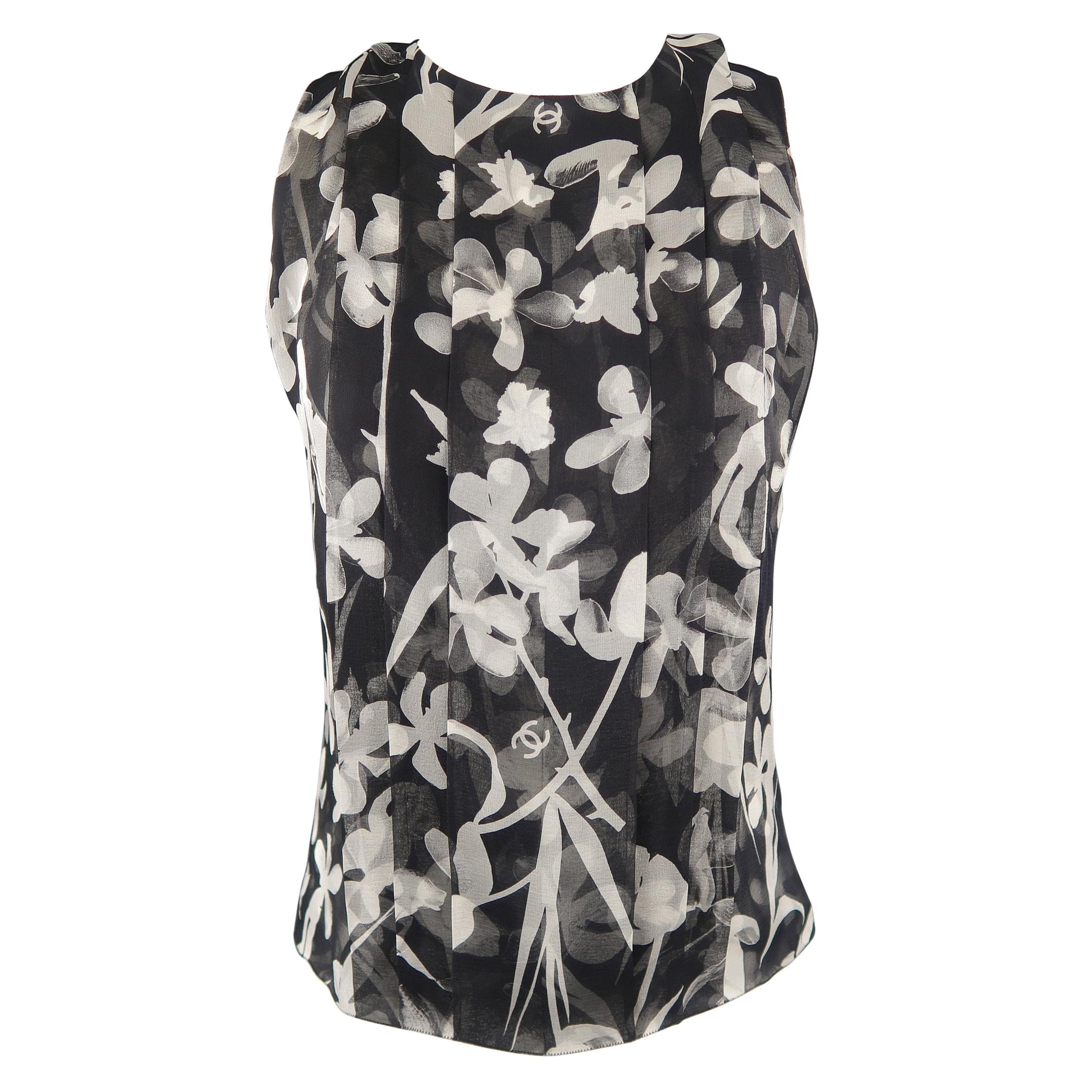CHANEL Size M Black & White Floral CC Pleated Silk Chiffon Sleeveless Blouse