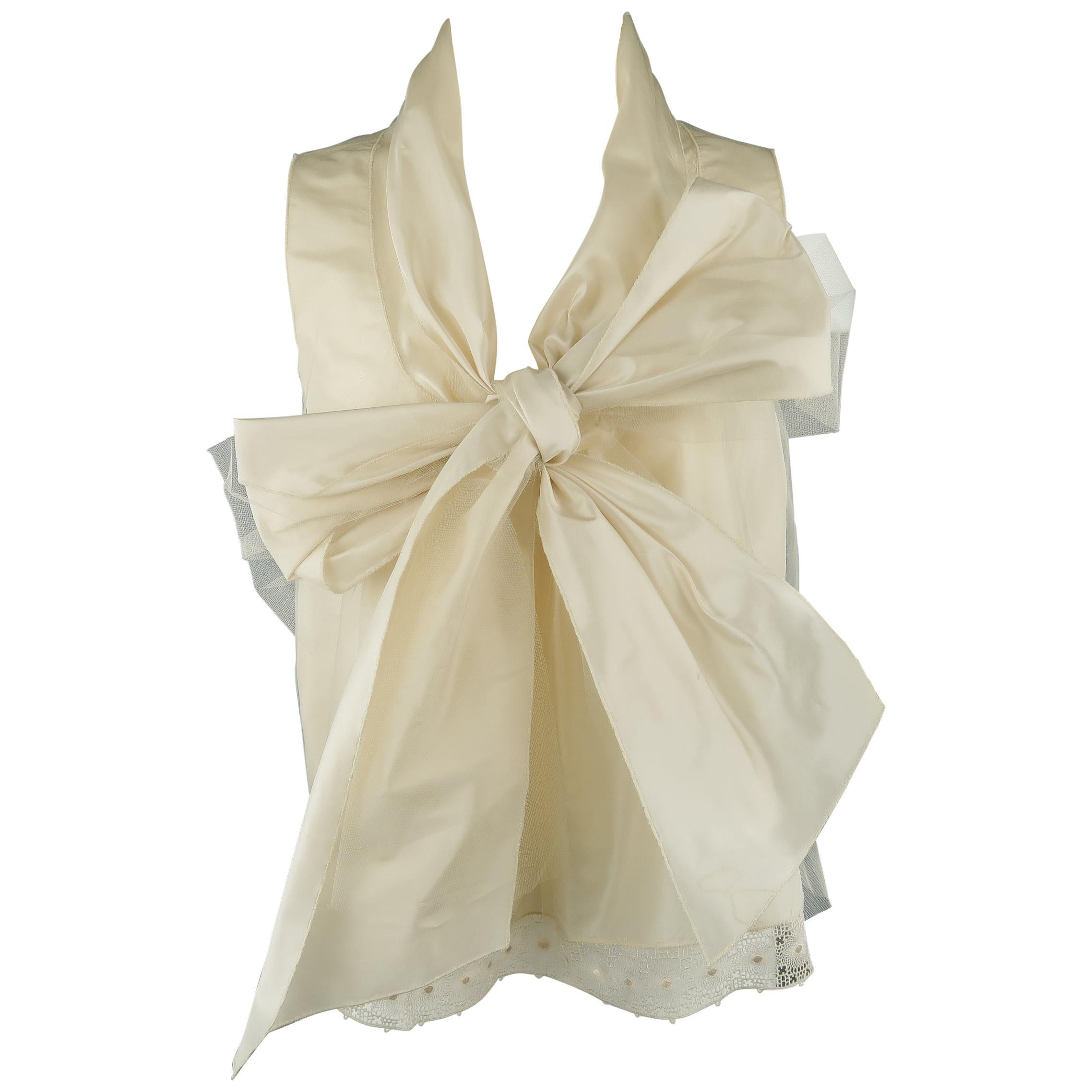 OSCAR DE LA RENTA Size 8 Beige Silk Blend Tulle Overlay Oversized Bow Blouse