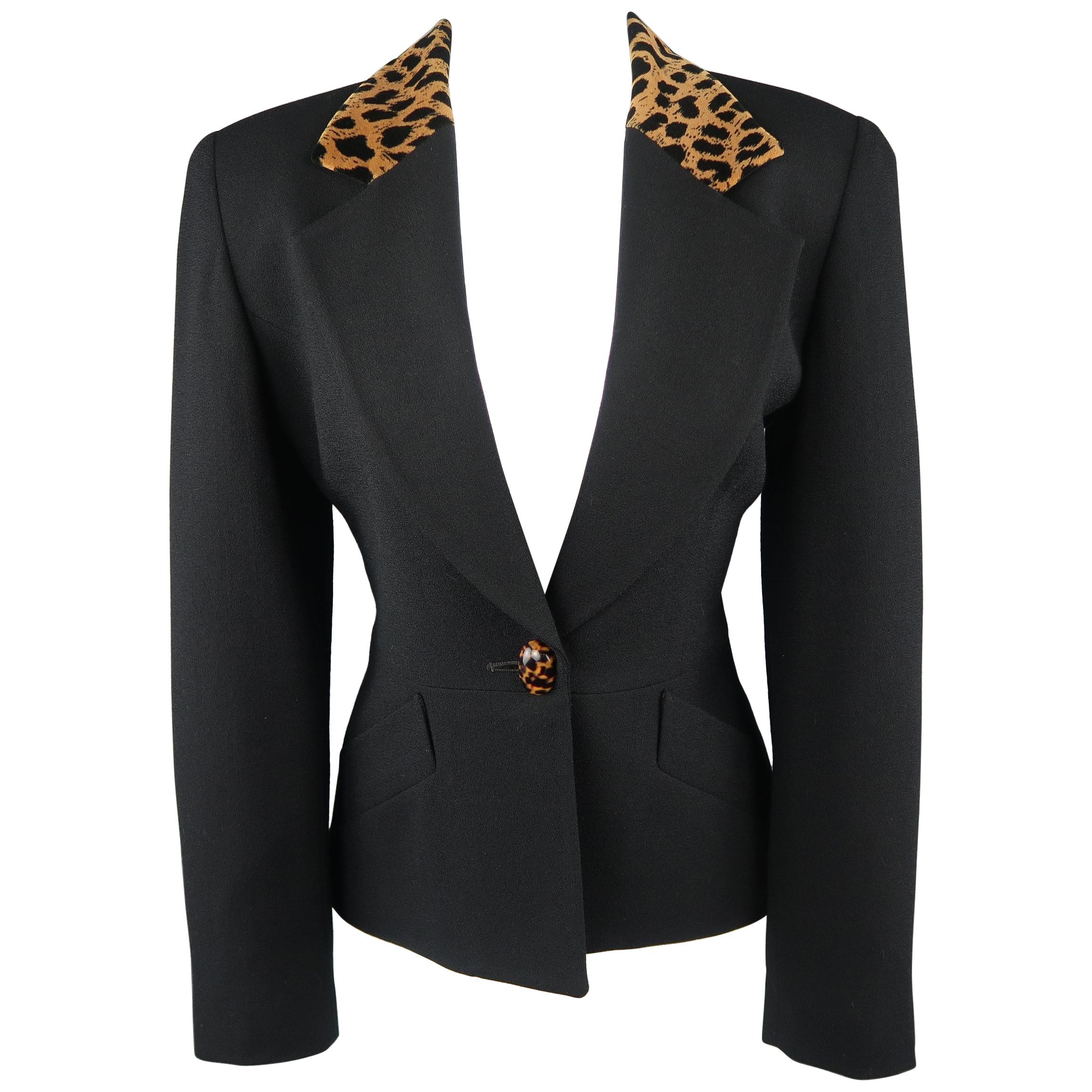 CHRISTIAN DIOR Size 4 Black Wool Tan Cheetah Collar Jacket